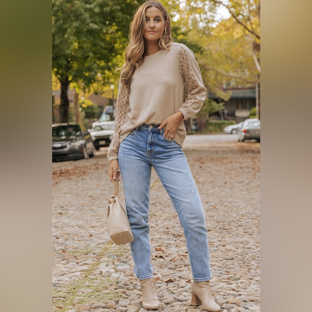 Beige Lace Sleeve Waffle Knit Top - Picture 2 of 9